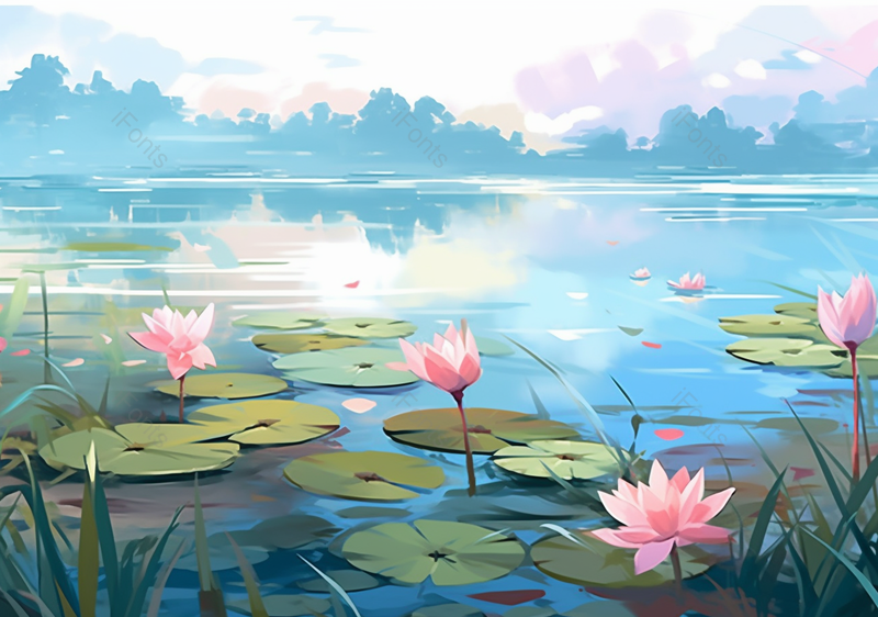 夏季山水荷花池手绘插画背景,插画/手绘图,插画/手绘图库,插画/手绘图下载,插画/手绘